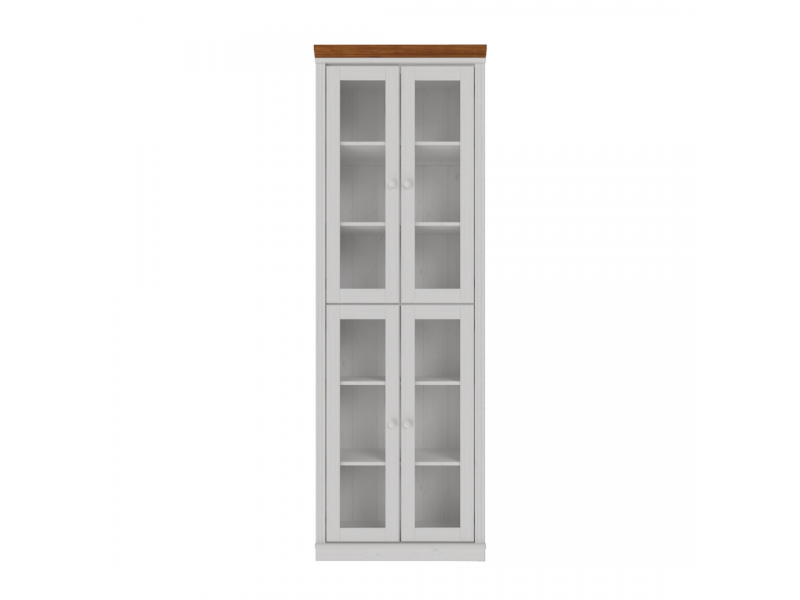 Estante Biblioteca 220 cm em Madeira Maciça com 4 Portas de Vidro com acabamento na cor branco lavado e mel | Coleção Biblioteca